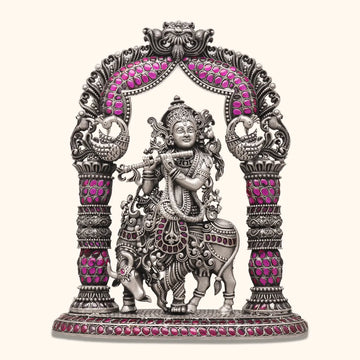 Shree Krishna Silver Idol - Semi Precious Stone